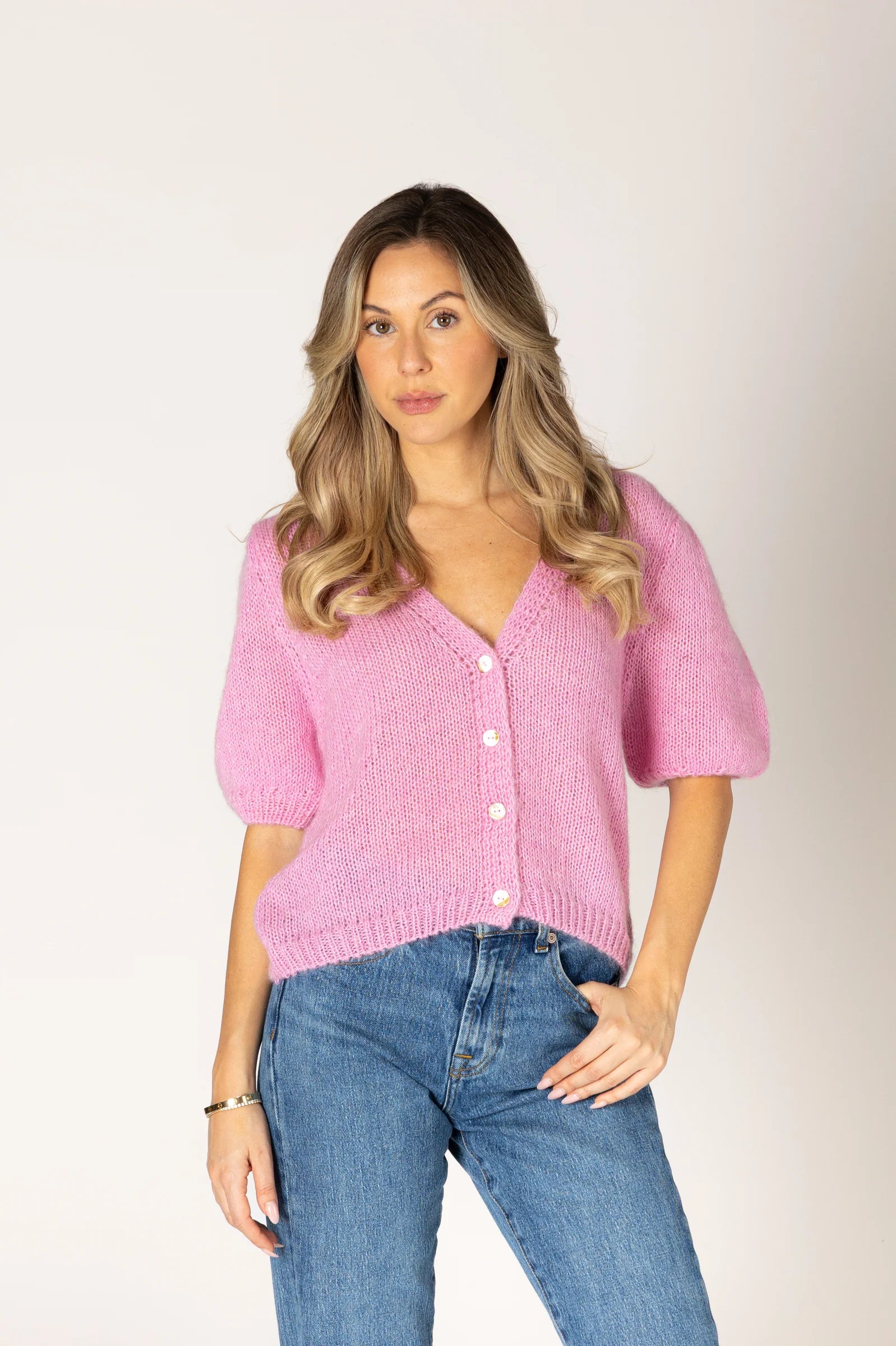 Lyla & Luxe Mila pink knit cardigan with puff sleeves and button front
