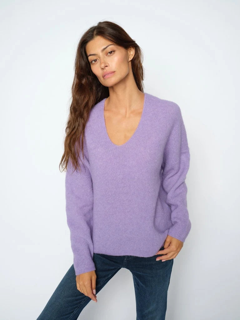 Mos Mosh Thora V-neck knit sweater in lavender purple, relaxed ribbed fit