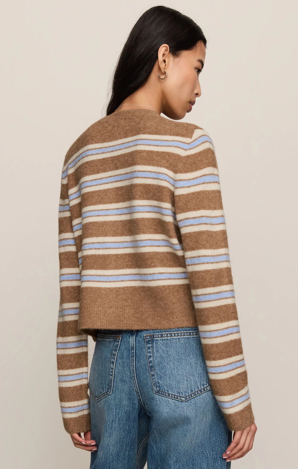 Golden caramel striped cardigan with blue and cream stripes, cropped fit, long sleeves