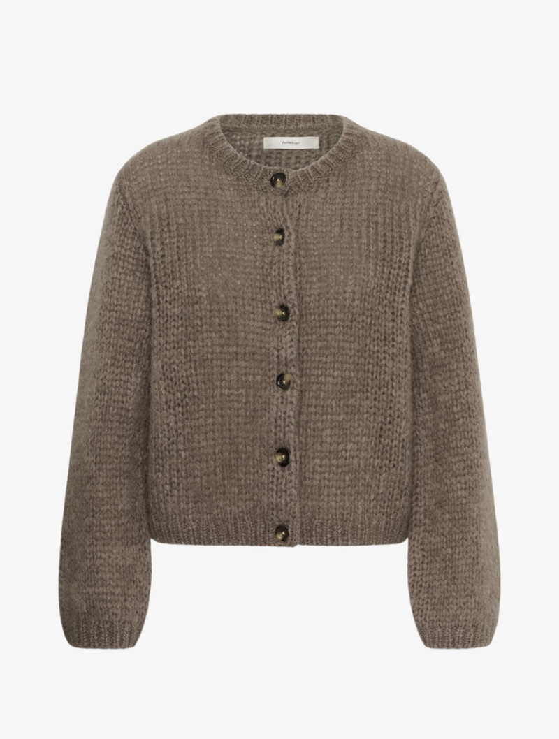 InWear Jetra chunky knit cardigan in taupe brown with dark buttons