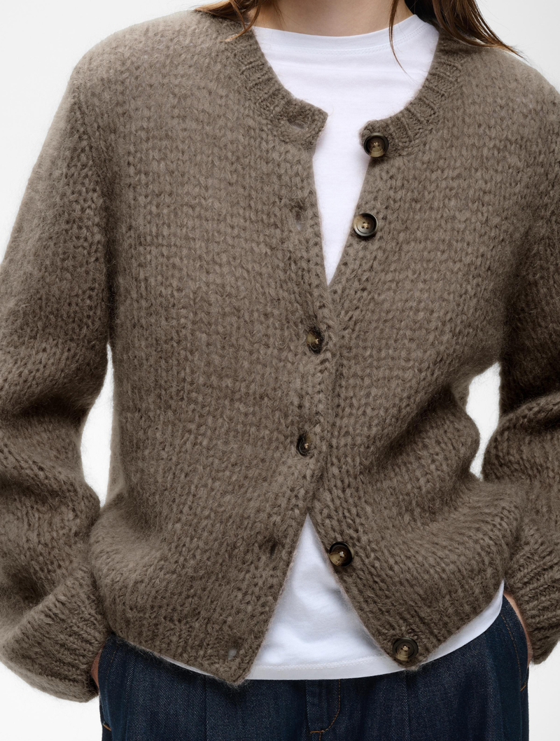 InWear Jetra fuzzy taupe knit cardigan with brown buttons over white tee