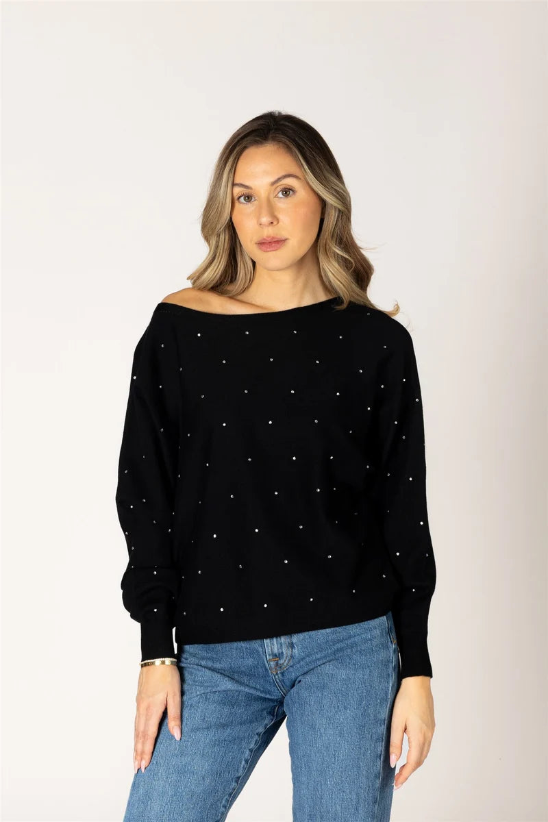 Black crystal-embellished off-shoulder knit sweater with scattered rhinestone dots