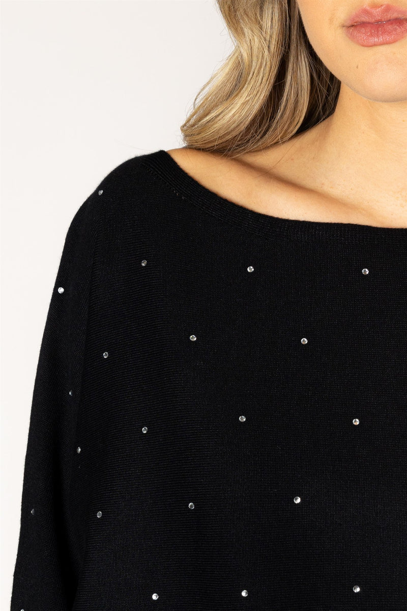 Black knit bateau-neck sweater with scattered silver crystal embellishments throughout