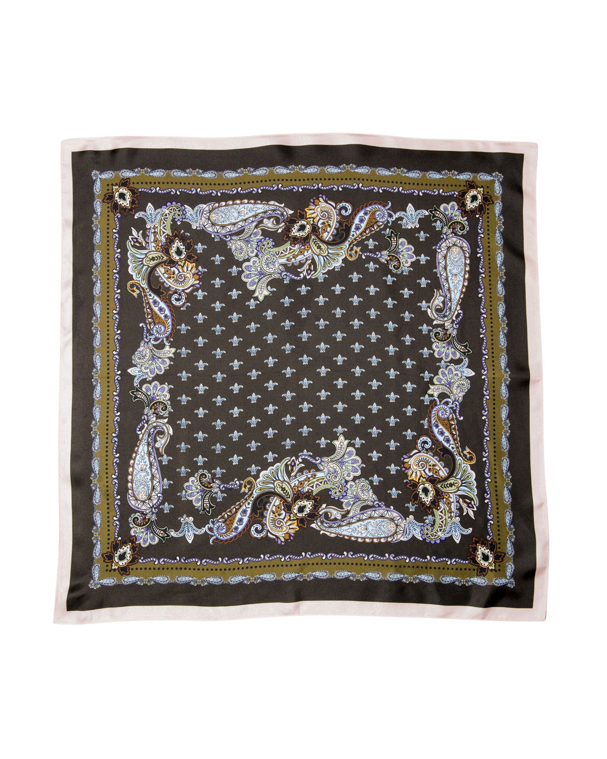 Dark olive paisley silk square scarf with fleur-de-lis motif and light pink border