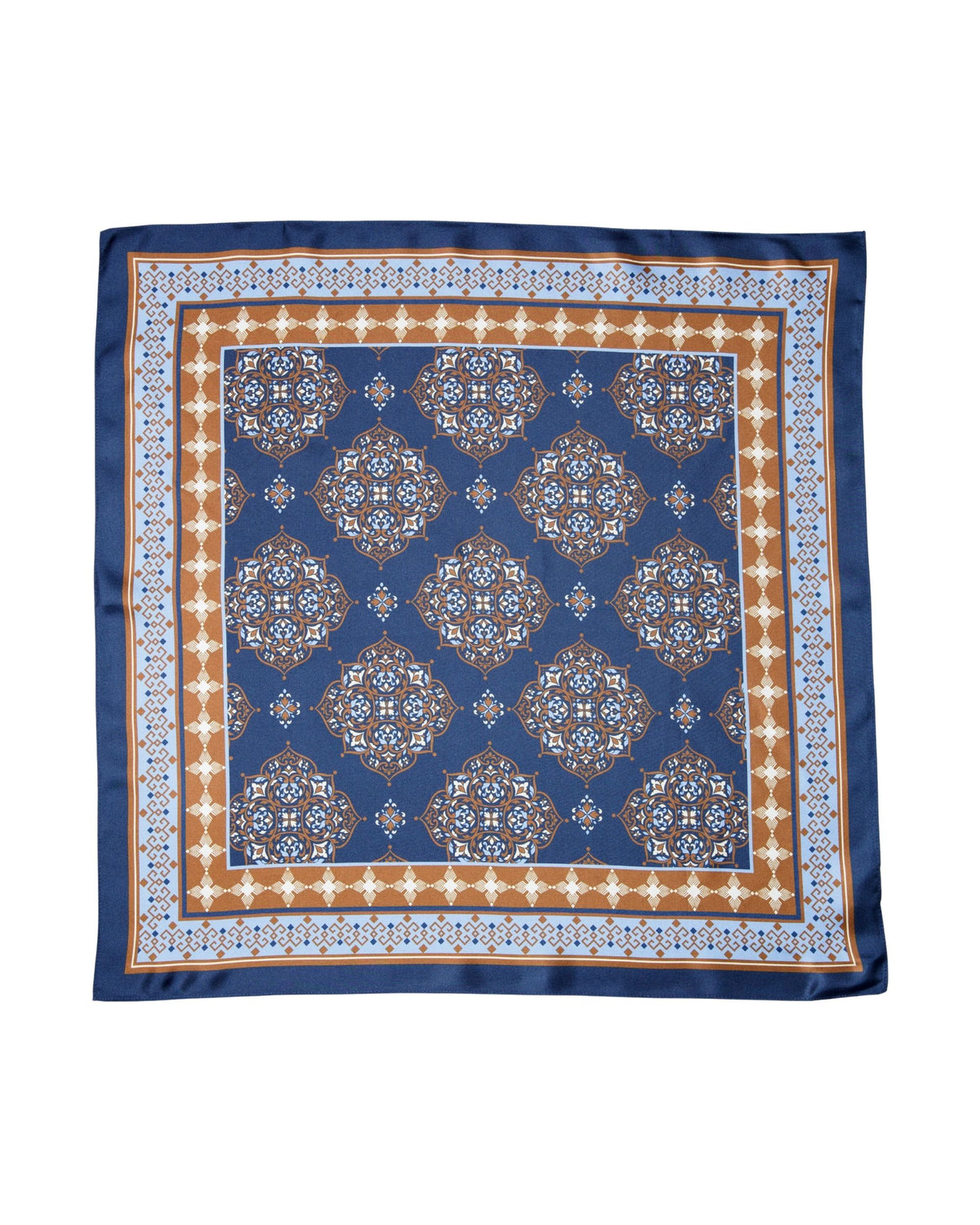 Navy blue silk square scarf with gold medallion geometric pattern and ornate border
