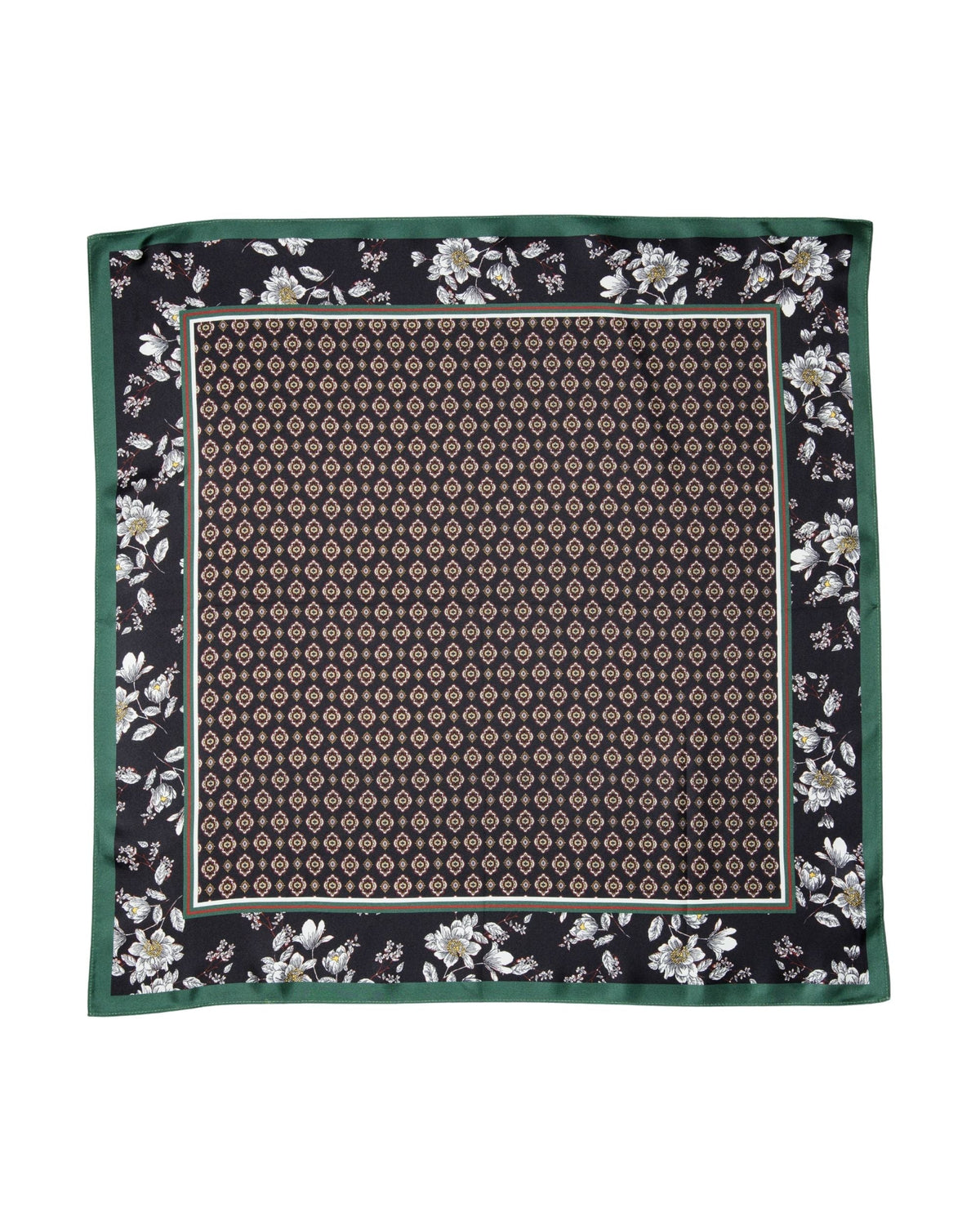 Black silk square scarf with floral border, geometric center print, and green trim