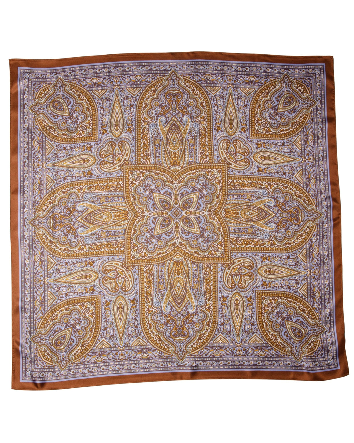 Large square silk scarf with paisley medallion print in rust, gold and lavender