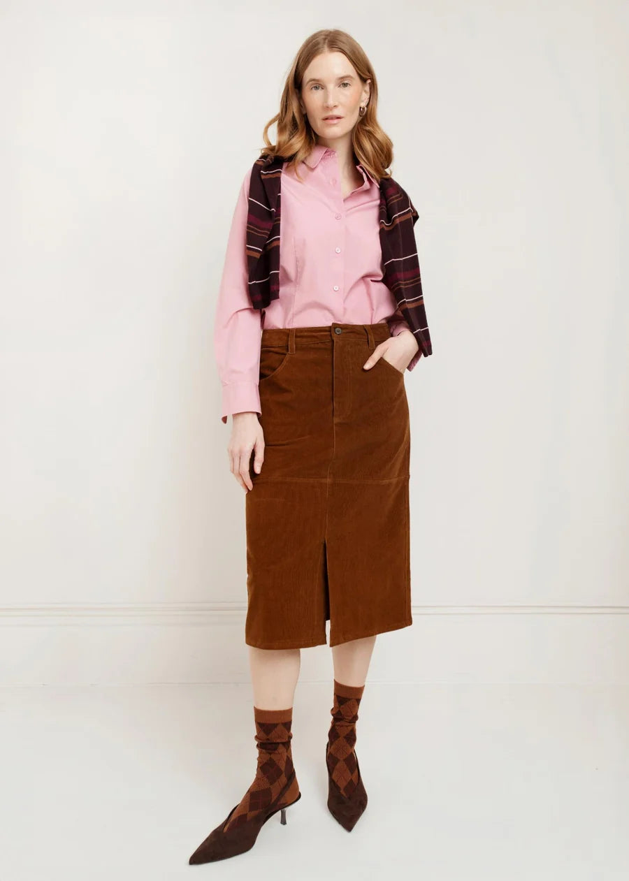 Brown corduroy midi skirt with front slit and five-pocket styling