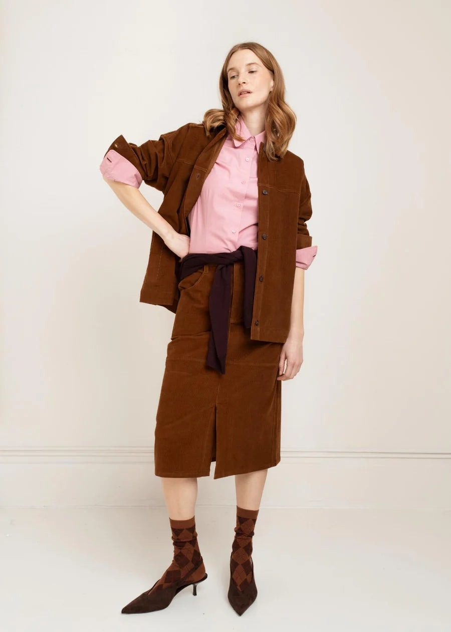 Brown corduroy oversized shirt jacket with snap buttons and front pockets