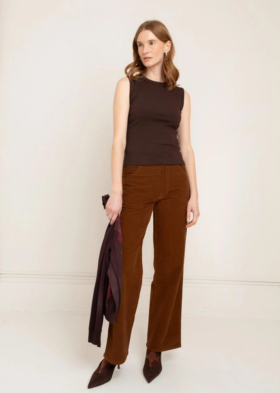 Wide-leg brown corduroy pants with high waist and straight silhouette