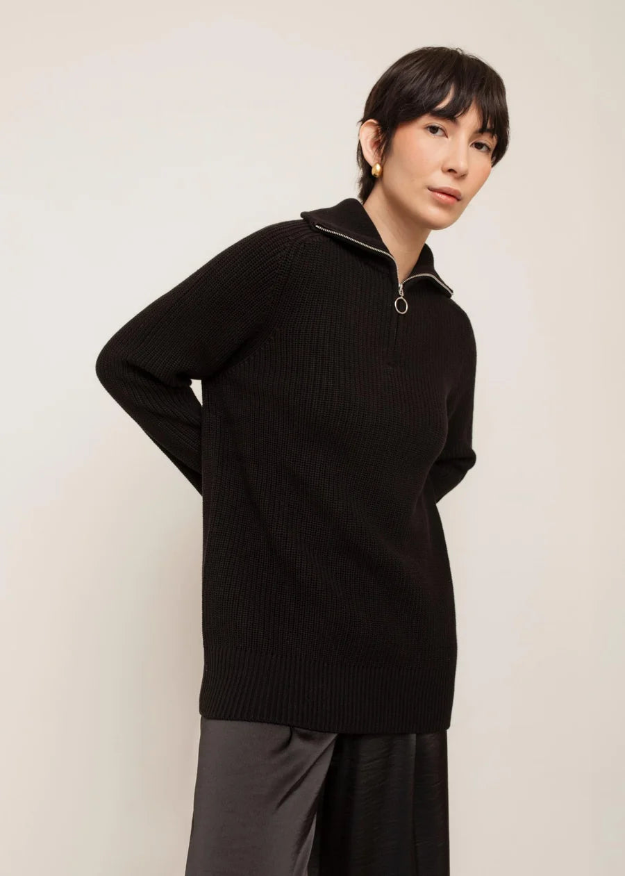 Black ribbed knit funnel neck half-zip pullover sweater, relaxed fit