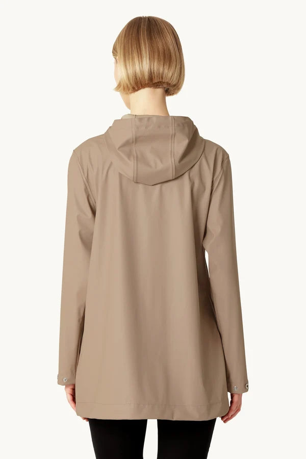 Women's taupe hooded rain jacket with A-line silhouette, back view
