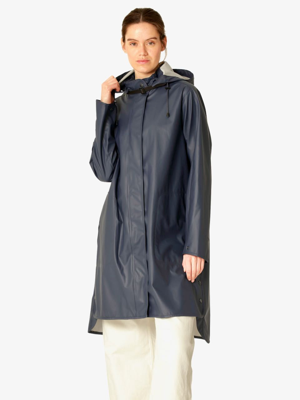 Ilse Jacobsen RAIN71 women's navy blue hooded raincoat, mid-length, smooth finish