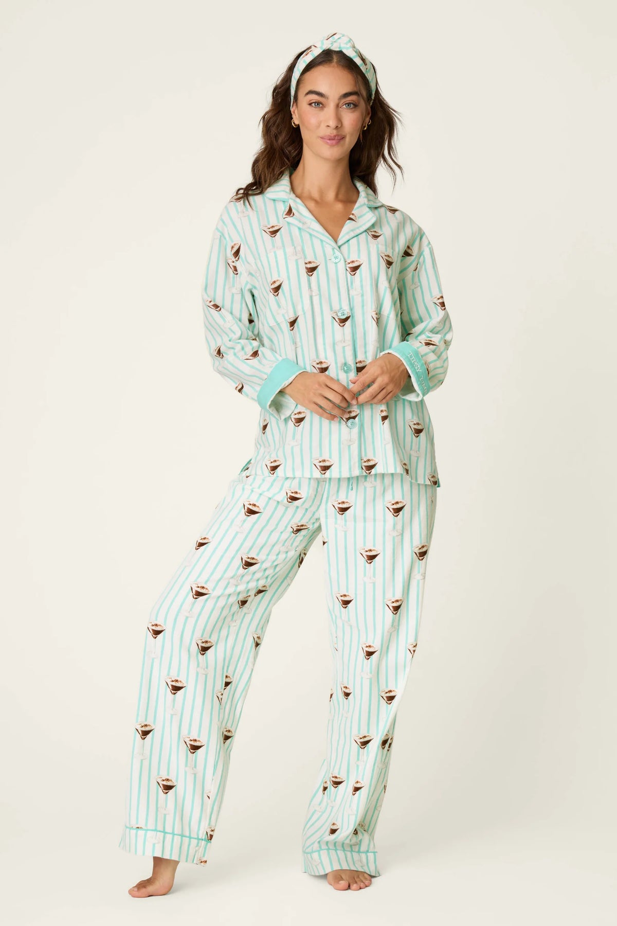 Pool blue striped pajama set with espresso martini print and matching headband