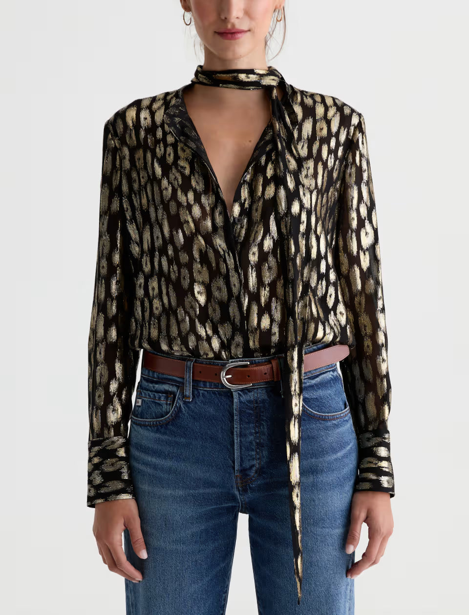 Black and gold metallic leopard print blouse with neck tie and long sleeves