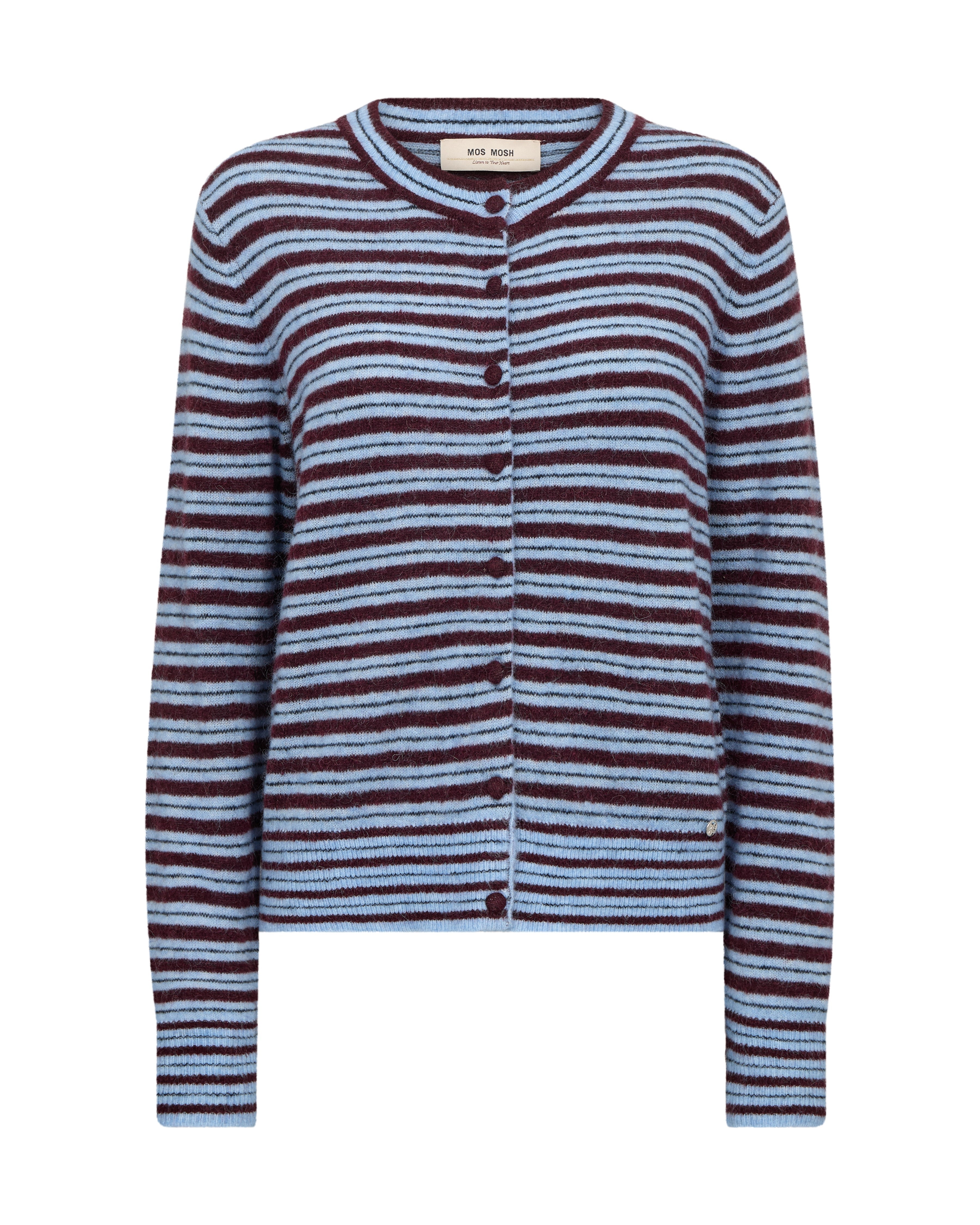 Mos Mosh Milvi striped cardigan in port royale burgundy and light blue horizontal stripes with button front