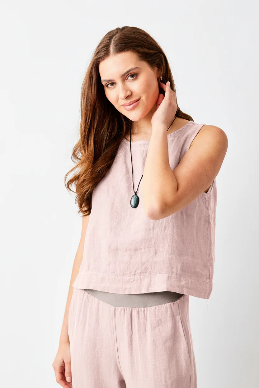 SYLVIANA LINEN ROUND NECK FLARED SLEEVELESS TOP