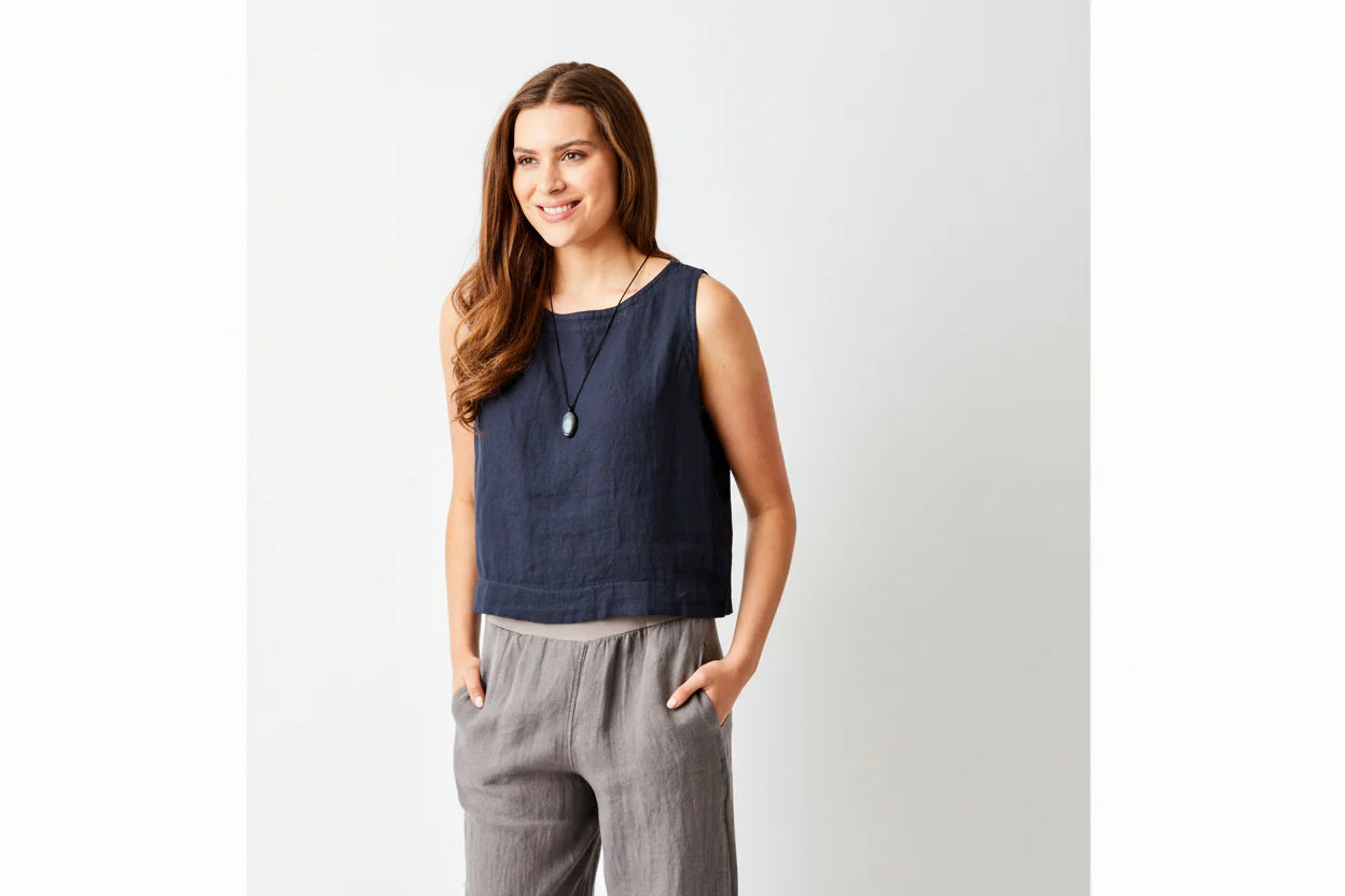 SYLVIANA LINEN ROUND NECK FLARED SLEEVELESS TOP