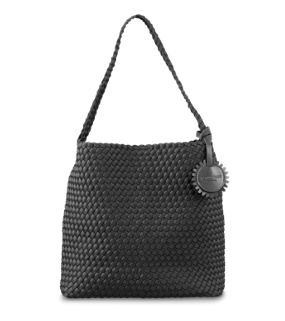 Ilse Jacobsen black woven shoulder bag with braided strap and flower charm