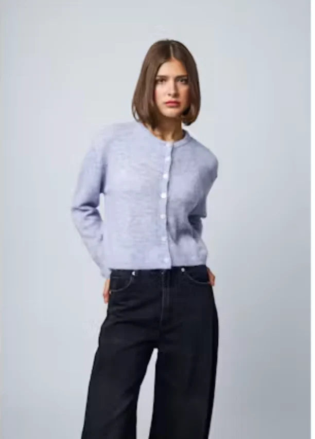 Lavender mist button-front knit cardigan with crew neck and long sleeves