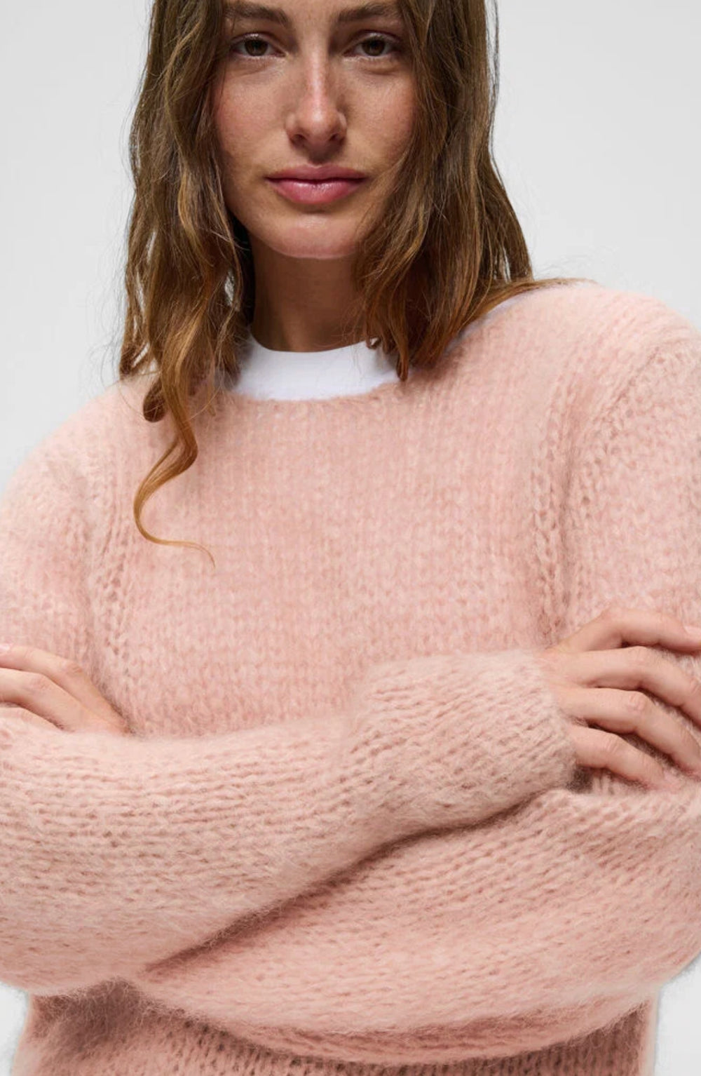 InWear Jetra fluffy pink mohair crewneck pullover sweater with relaxed fit