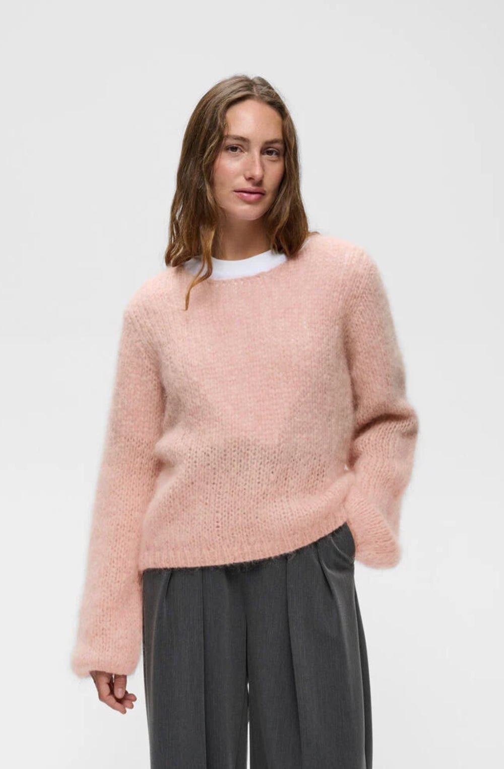 InWear Jetra Pullover fluffy pink mohair crewneck sweater with wide sleeves