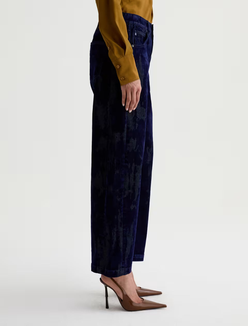 AG Hattie Ballroom wide-leg navy blue velvet trousers with subtle floral texture