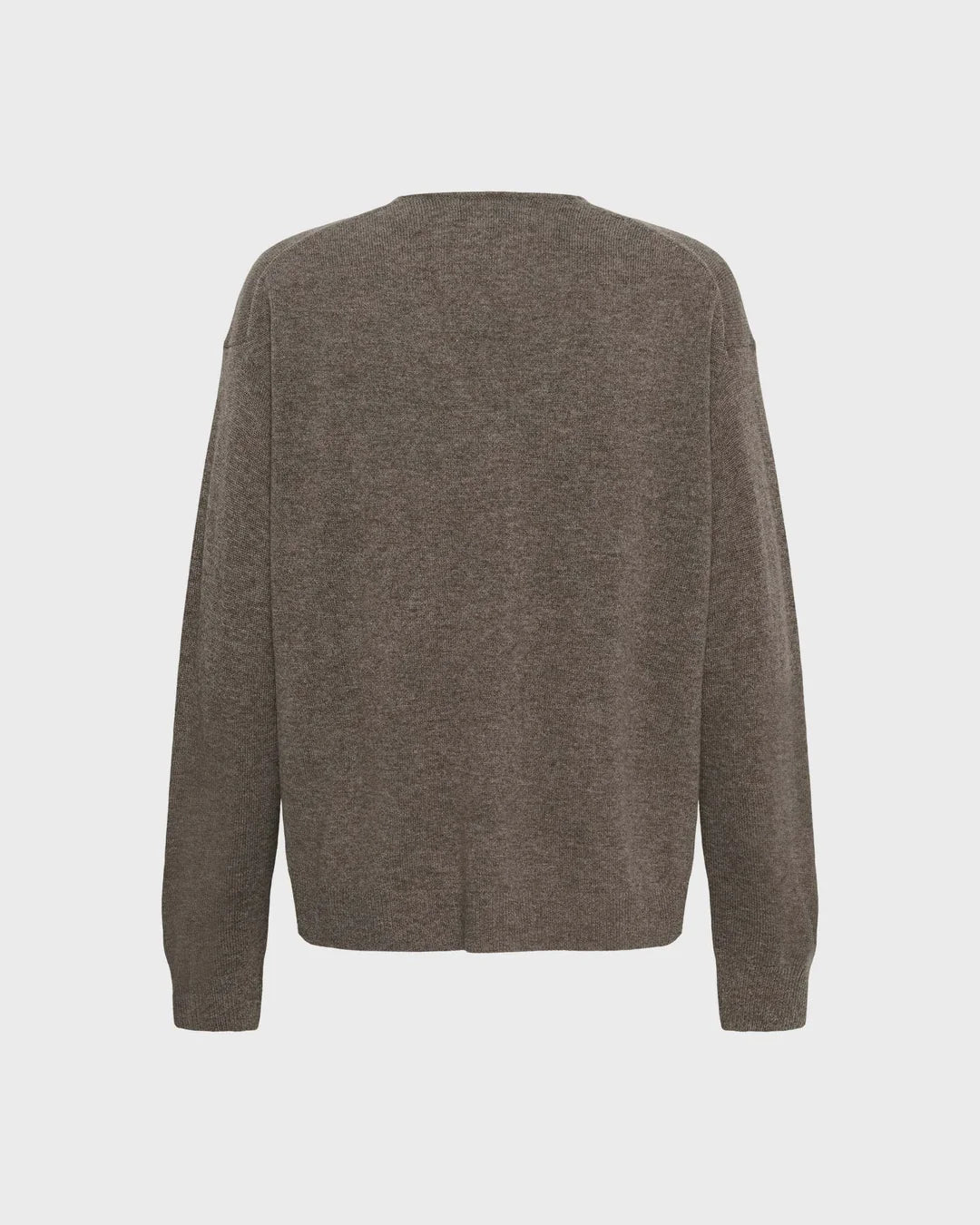 Taupe brown knit V-neck sweater, back view, long sleeves, relaxed fit