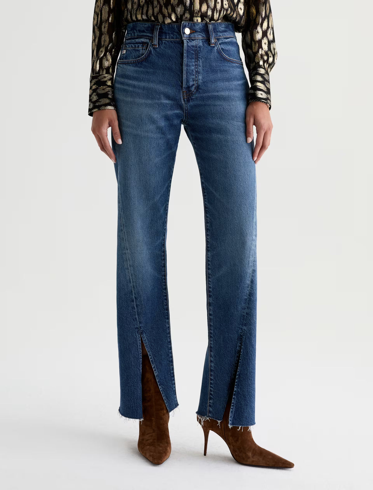 AG Sydney high-rise straight leg jeans in dark blue with front slit hem