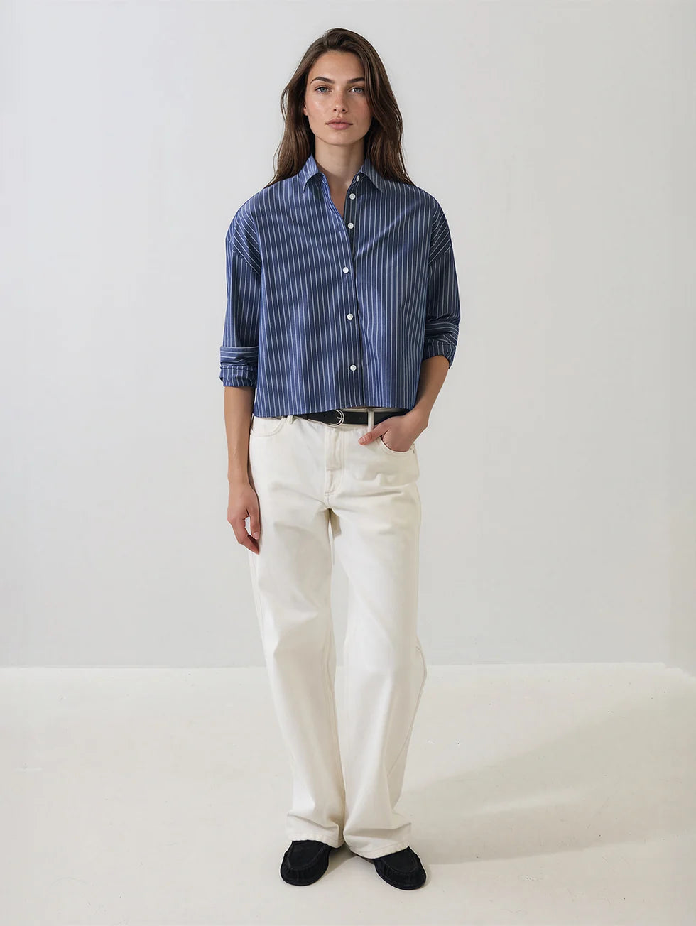 Washed navy blue striped cotton boxy button-up shirt with long rolled sleeves