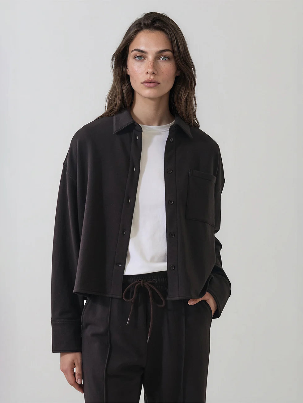 Oversized dark brown brushed French terry boxy button-up shirt with chest pocket