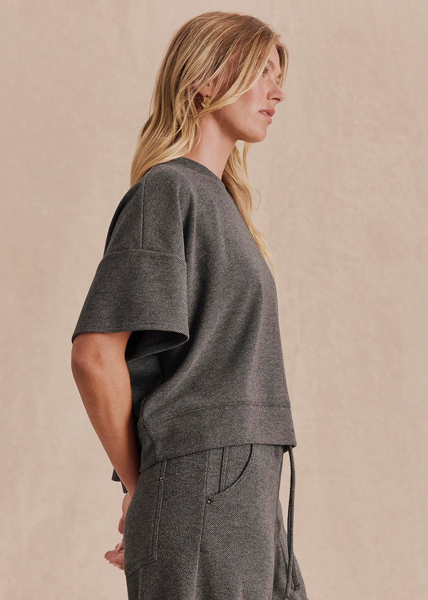 Women's charcoal gray cropped short-sleeve knit top with structured boxy fit