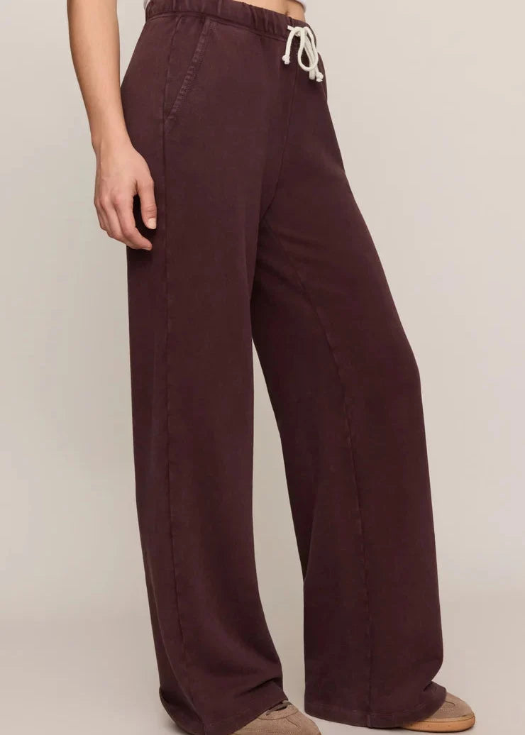 Z Supply Hunter Knit Pant in Berry Noir, wide-leg style with white drawstring waist, side view