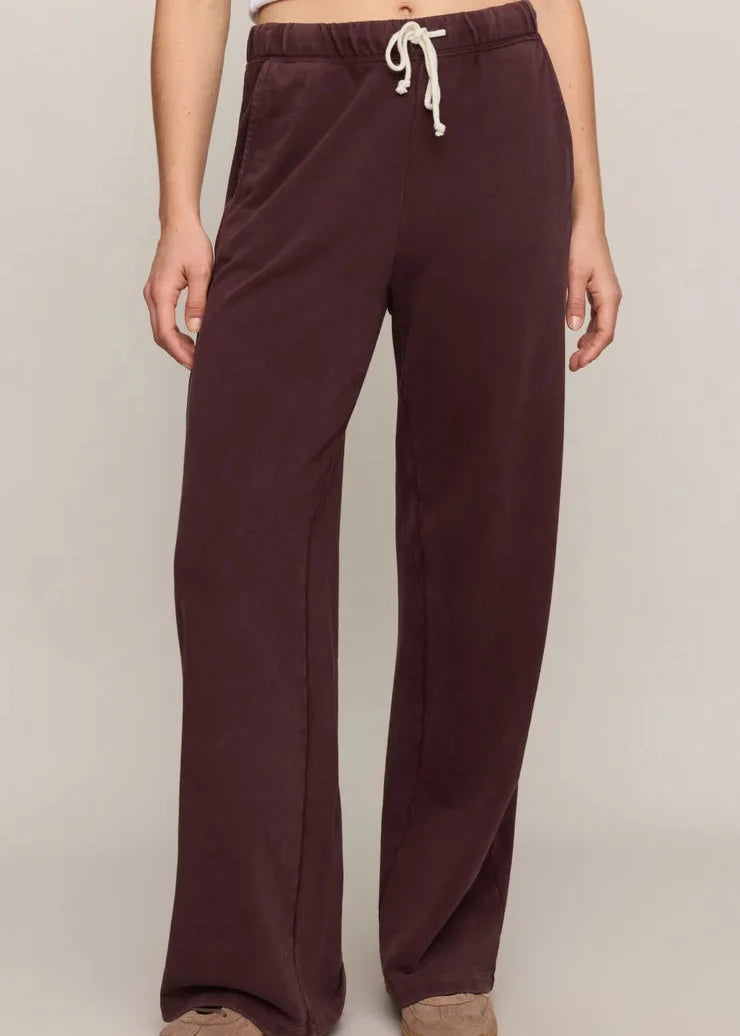 Z Supply Hunter Knit Pant in Berry Noir, wide-leg style with cream drawstring waistband, front view on model