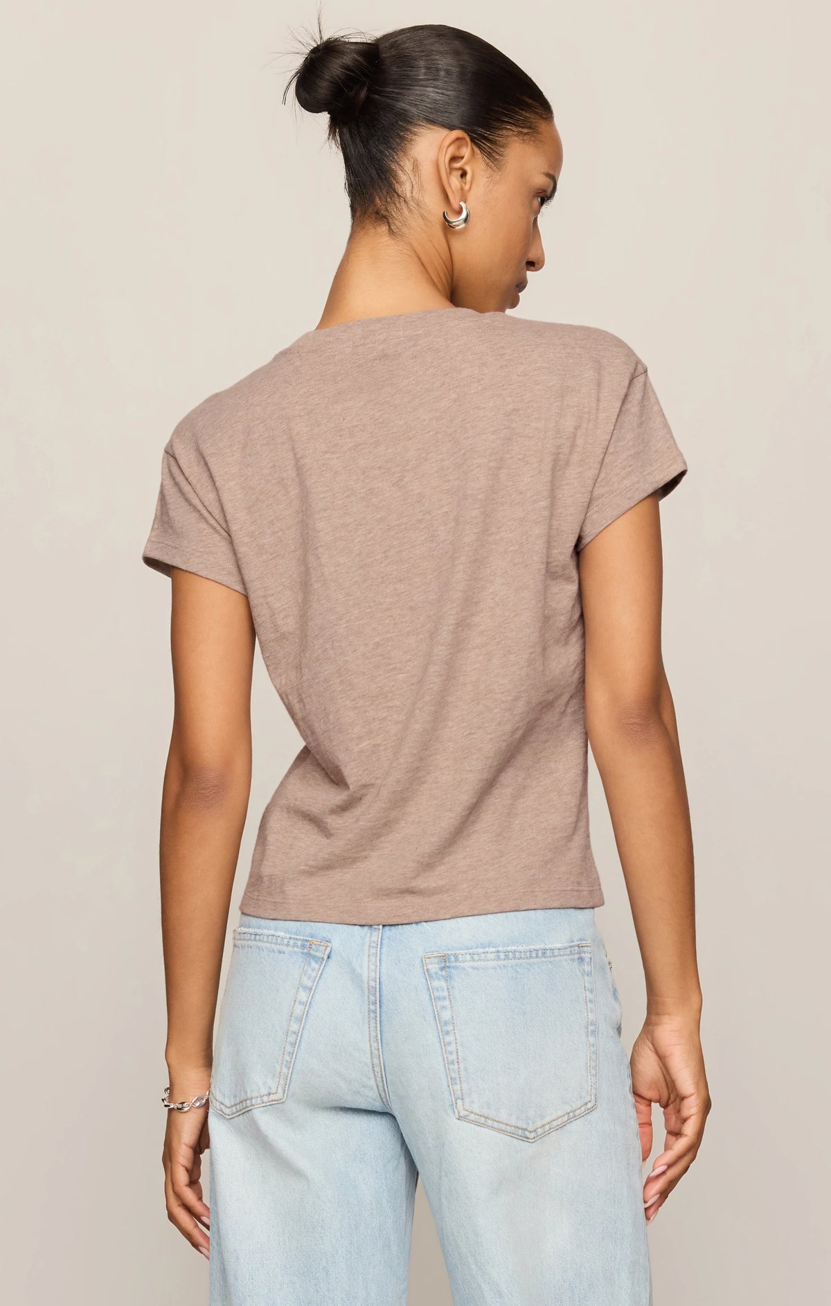 Z Supply Modern Slub Tee in taupe, short sleeves, back view, paired with light jeans.