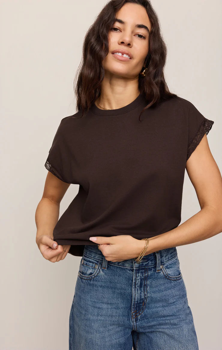 Dark brown muscle tee with lace trim sleeves and crew neckline