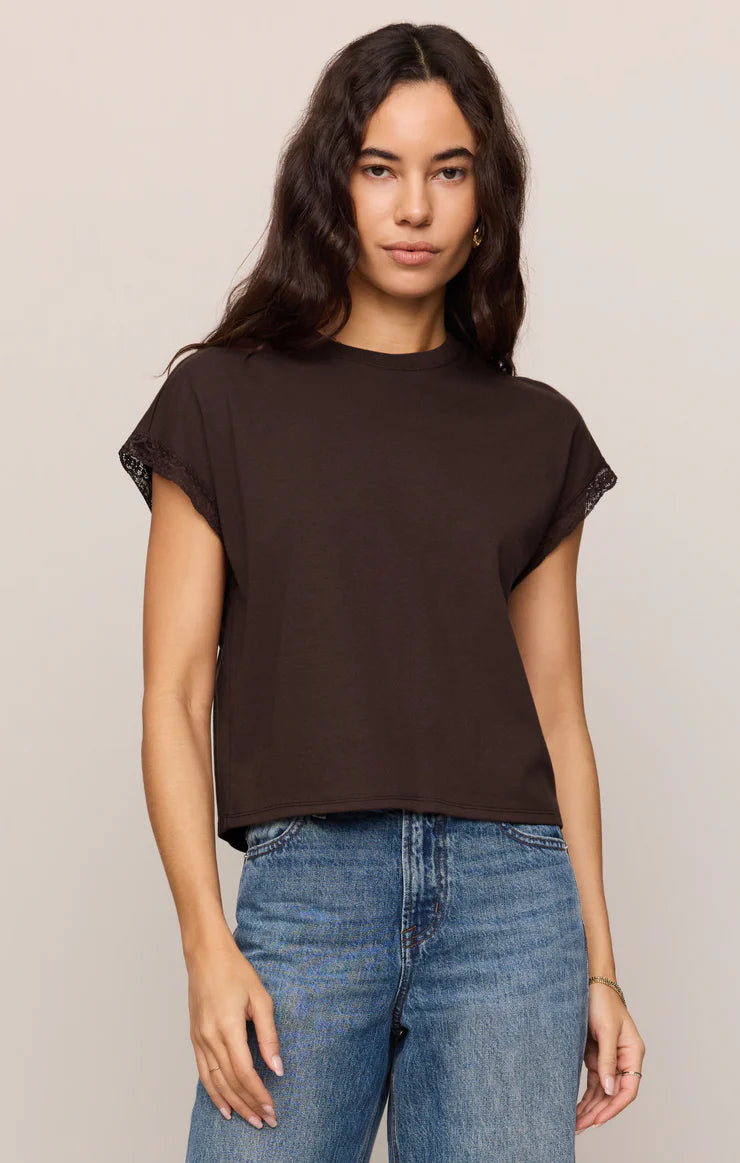 Dark brown cropped muscle tee with lace trim sleeves and crew neckline