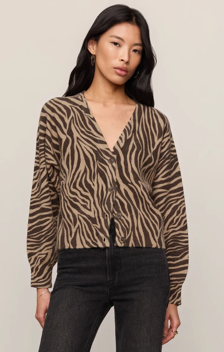 Z Supply zebra print button-front cardigan in brown and tan tones