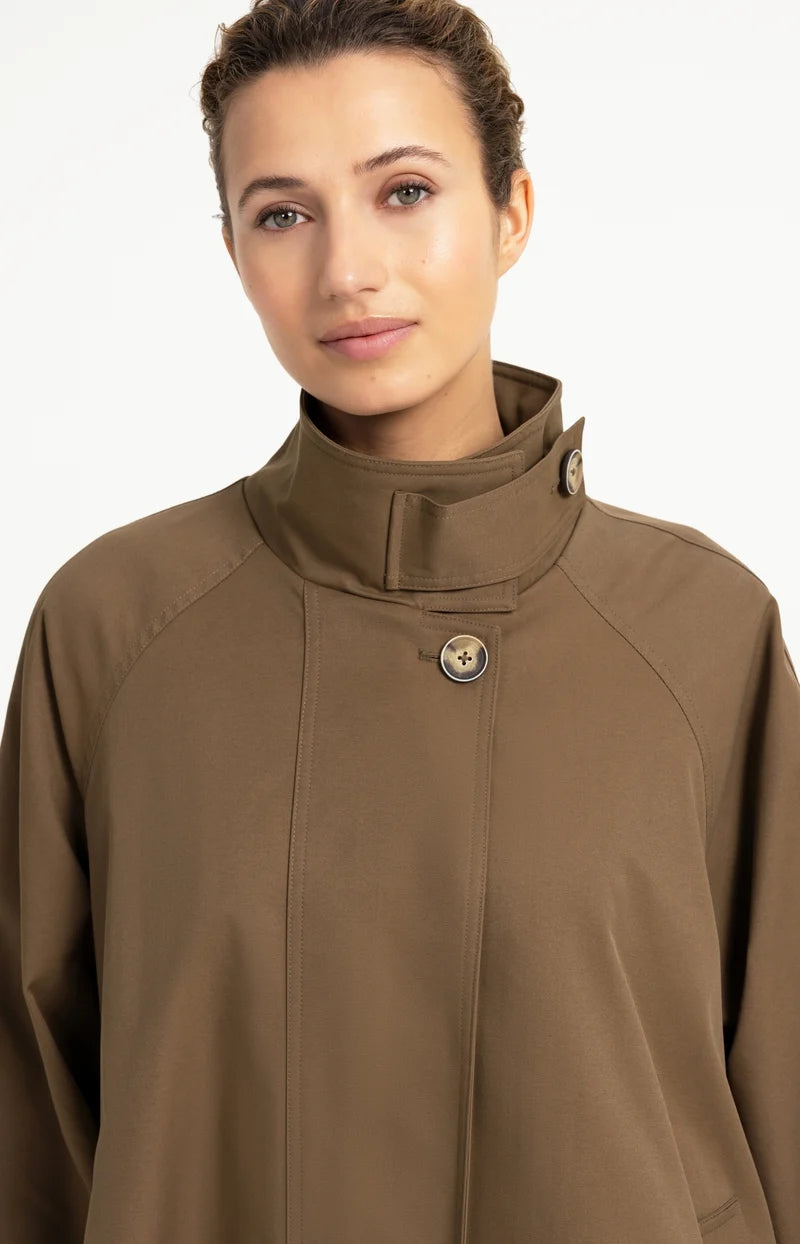 Olive brown A-line trench coat with funnel neck and button closure