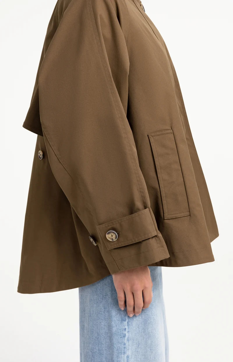 Olive brown A-line trench coat jacket with button cuffs and sleeve pocket detail