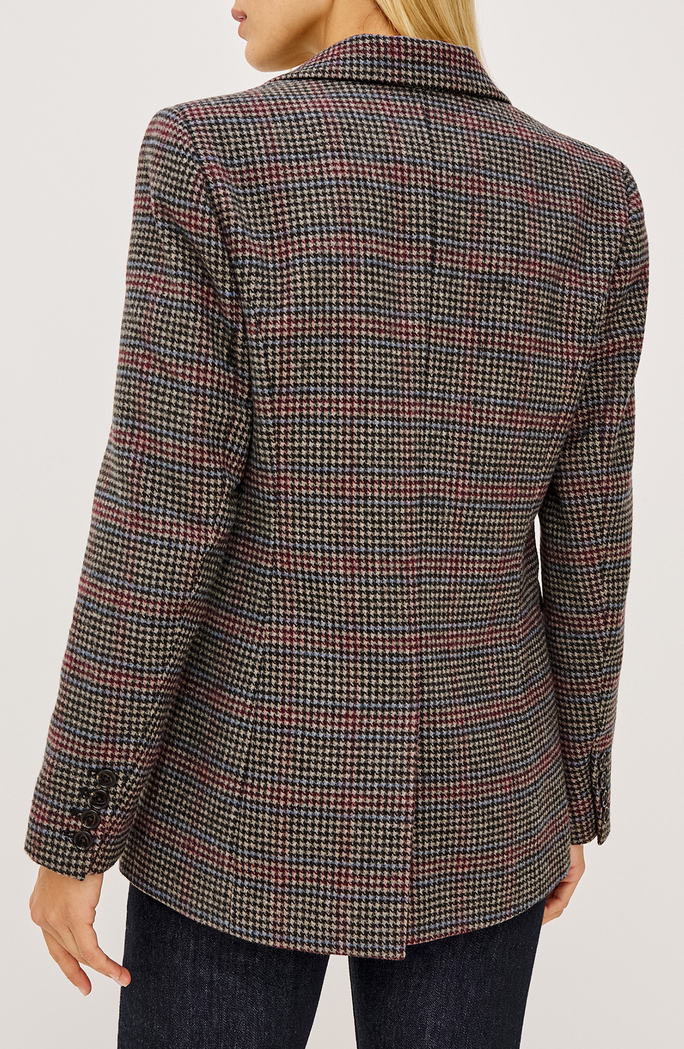 Back view of Rails JAC blazer in Oxford Plum multicolor houndstooth plaid on female model