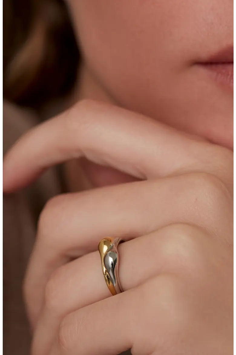 Jenny Bird Egret Ring in two-tone gold and silver interlocking design on finger