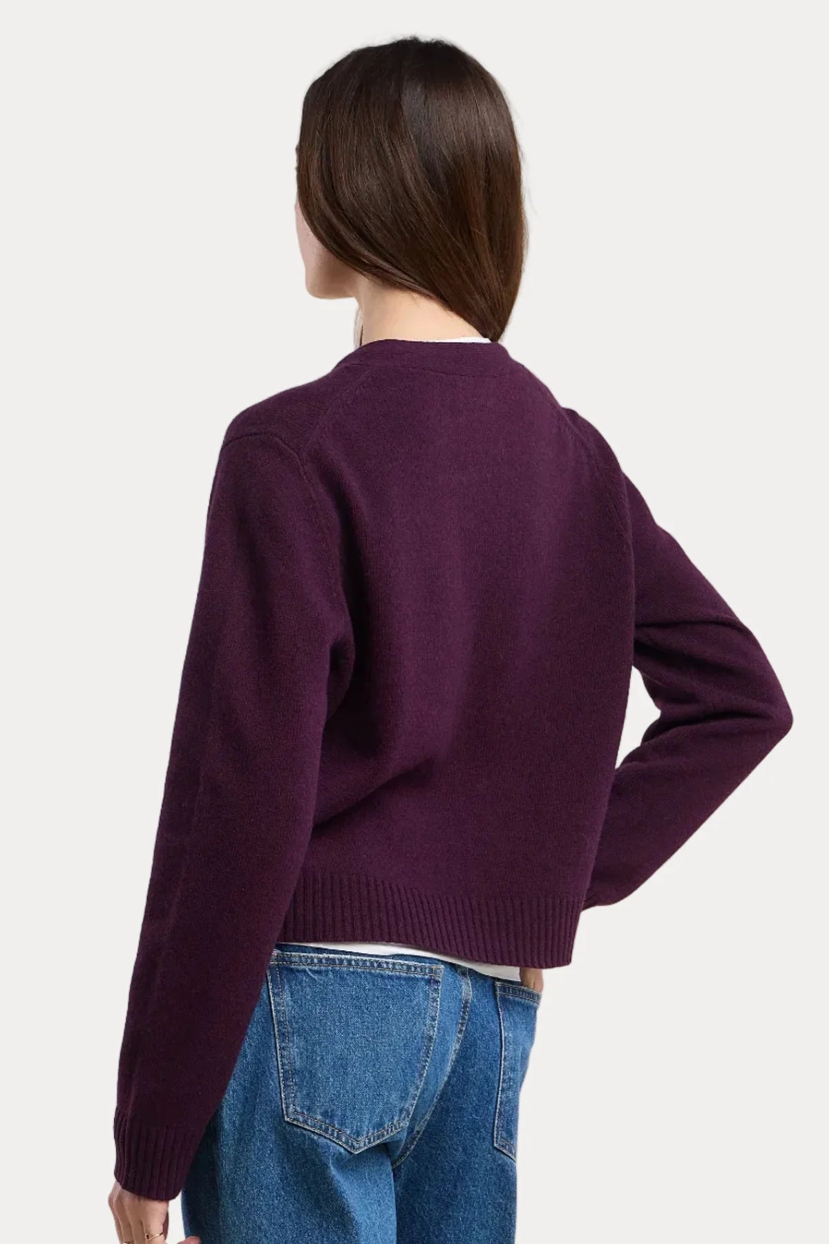 Velvet ETNA07 cropped plum purple wool crewneck sweater, back view, paired with jeans