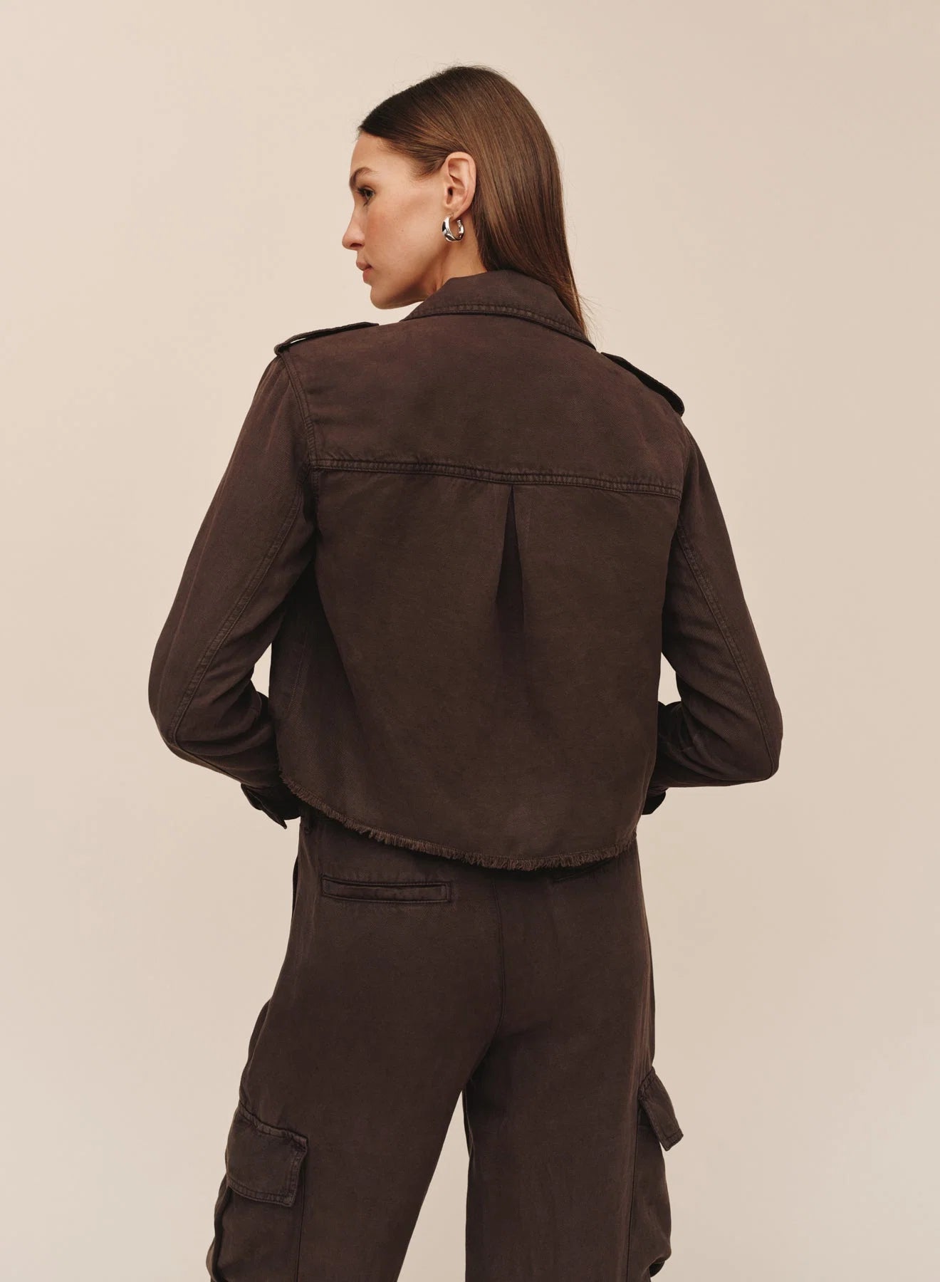 Bella Dahl cropped dark brown utility jacket with fray hem and epaulettes, back view