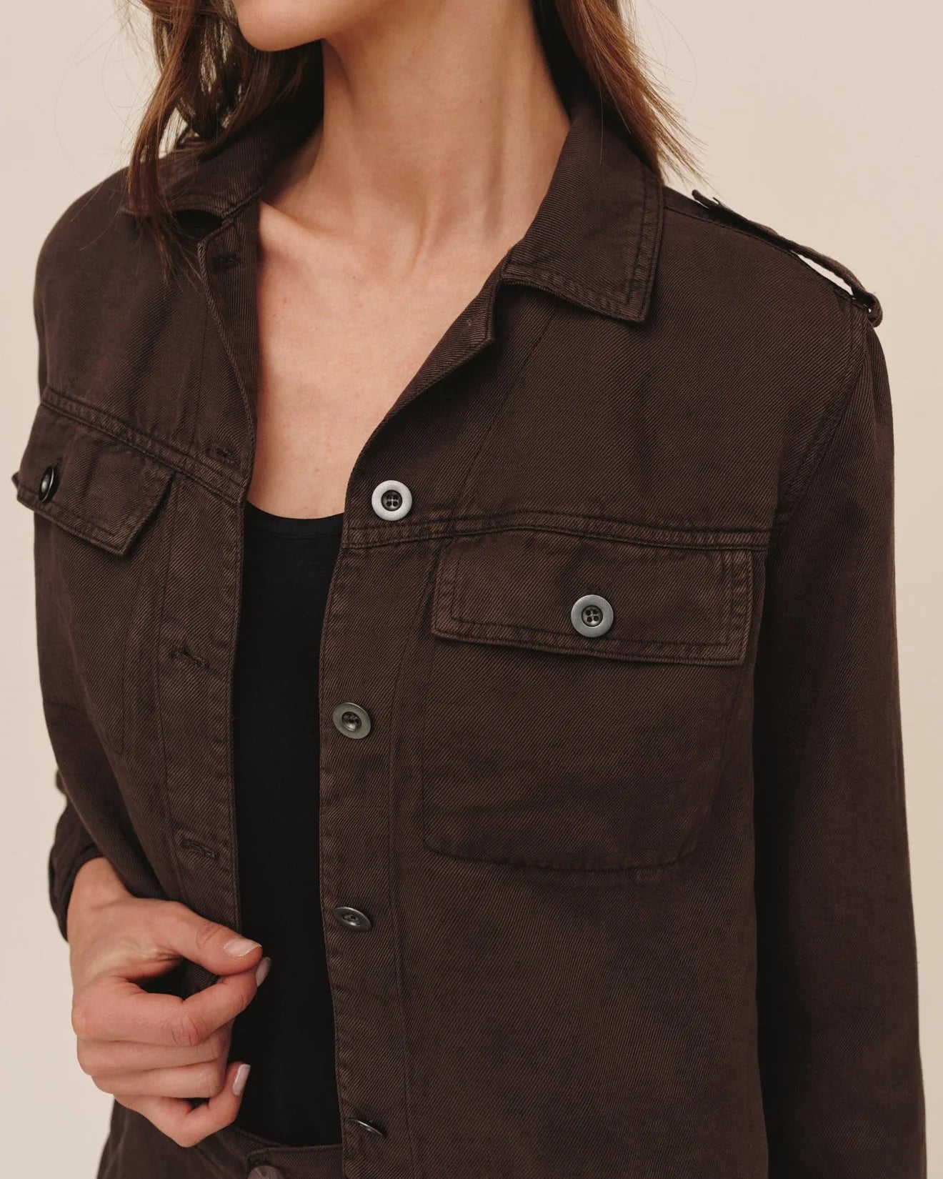Bella Dahl cropped dark brown utility jacket with chest pockets and buttons