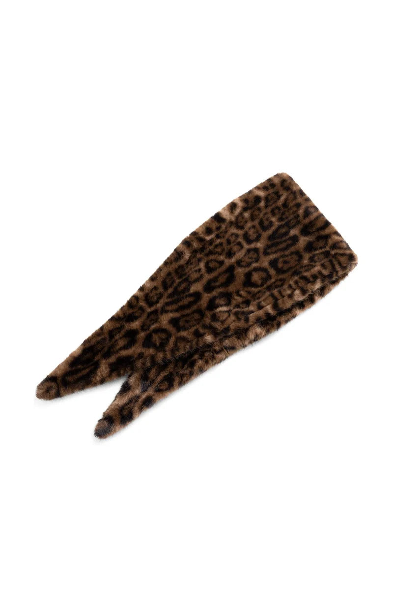 Faux fur headband in brown and black leopard print with pointed ends