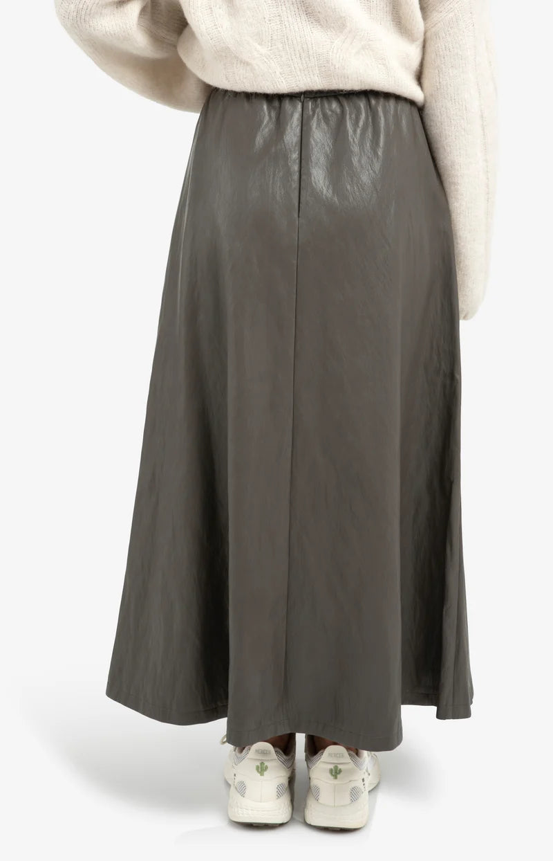 FAUX LEATHER A-LINE MIDI SKIRT