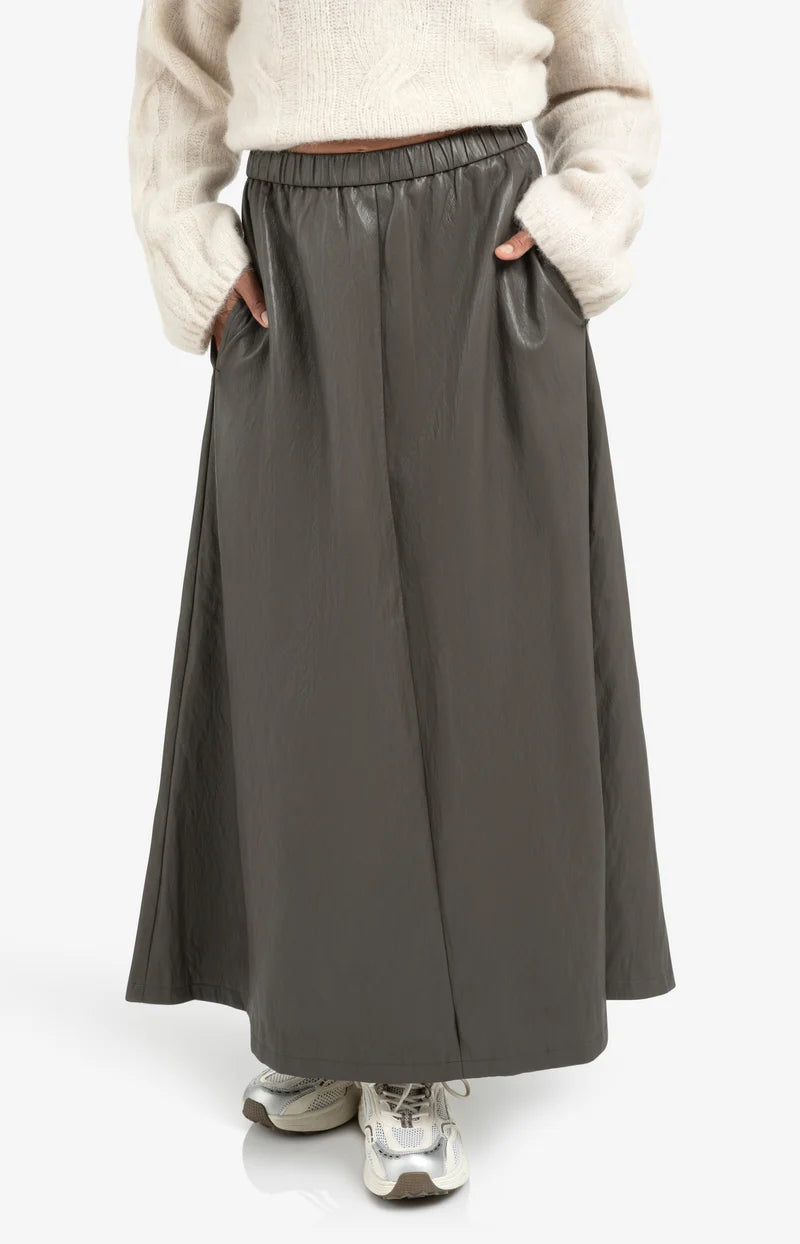 FAUX LEATHER A-LINE MIDI SKIRT