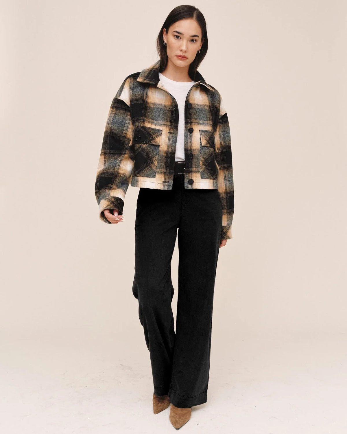 Bella Dahl cropped plaid wool jacket in black, tan, and blue tones with flap pockets