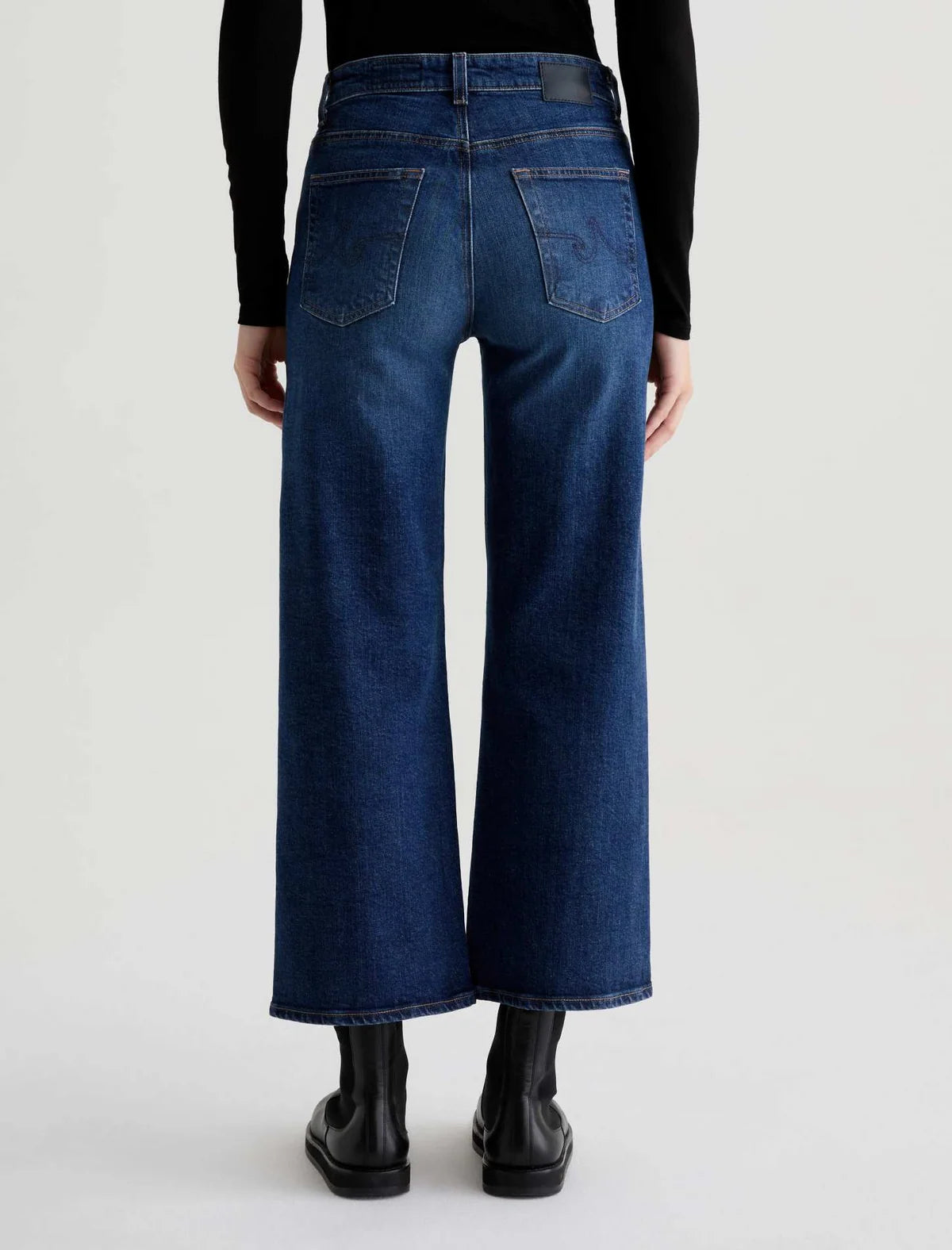 AG Saige wide leg crop jeans in dark blue denim, back view